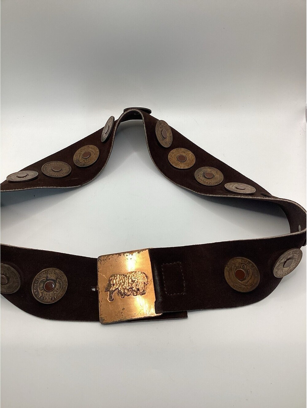 Vintage Suede Leather Belt With Africa 10 Cents Coin And Elephant Buckle Sz 34